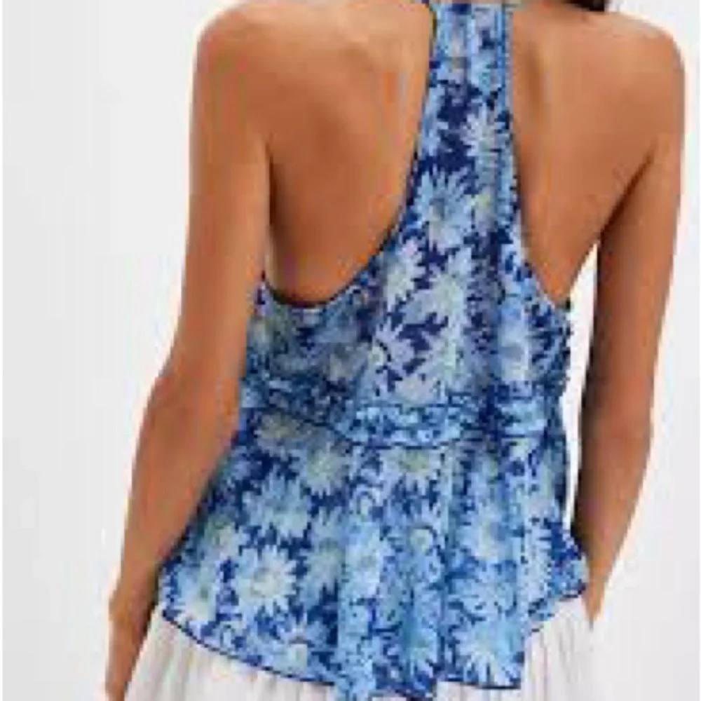 Free people Fearless Knit Tank Blue Floral Ruffle Halter Tank Top - Picture 5 of 7
